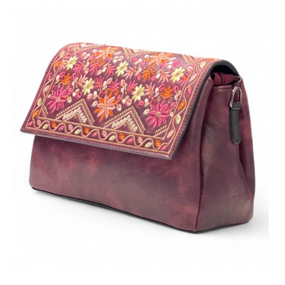 Generic Women's Polyurethane Floral Embroidered Crossbody Sling Bag with Adjustable & Removable Strap (Red)