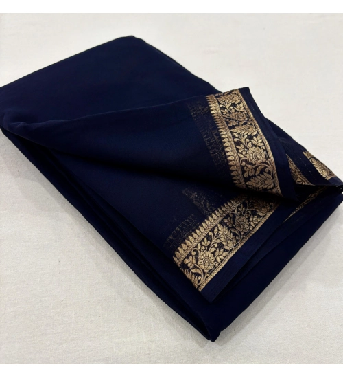 Generic Women's Crepe Chit Pallu Solid Saree With Unstitched Blouse 5.5Mtr (Navy Blue)