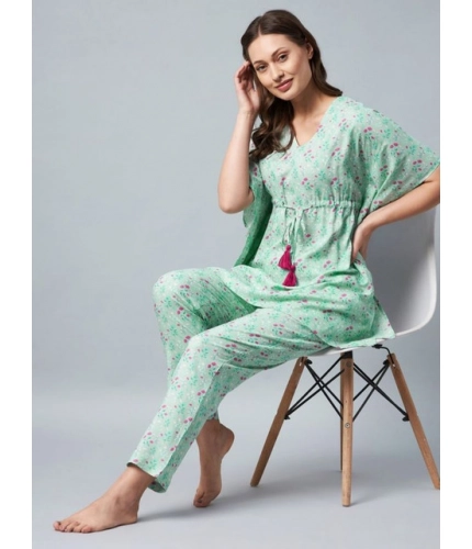Generic Women's Rayon Floral Kaftan Sleeve Night Suit (Green - Pink)