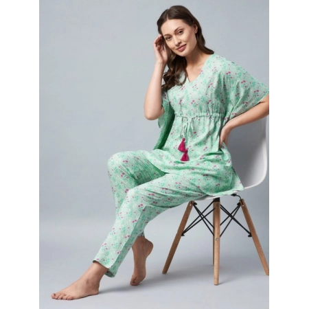 Generic Women's Rayon Floral Kaftan Sleeve Night Suit (Green - Pink) Generic Women's Rayon Floral Kaftan Sleeve Night Suit (Green - Pink)