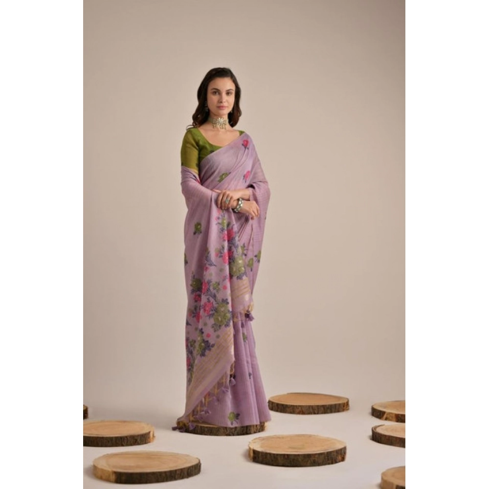 Women's Blended_Cotton Floral Motifs And Woven Buttas Saree With Unstitched Blouse 5.5Mtr (Lavender)