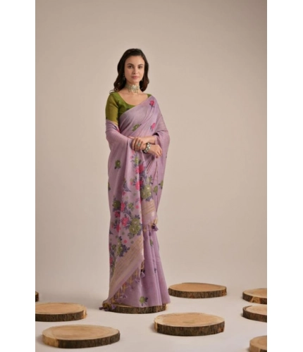 Generic Women's Blended_Cotton Floral Motifs And Woven Buttas Saree With Unstitched Blouse 5.5Mtr (Lavender)