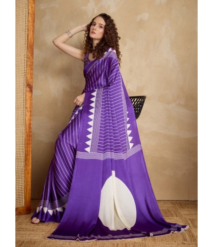 Generic Women's Satin Crepe Printed Saree With Unstitched Blouse 5.5Mtr (Lavender)