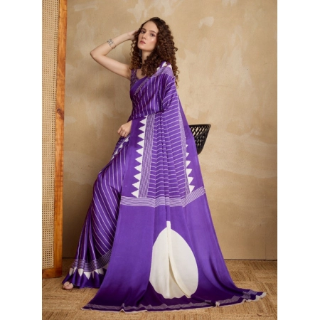 Generic Women's Satin Crepe Printed Saree With Unstitched Blouse 5.5Mtr (Lavender)