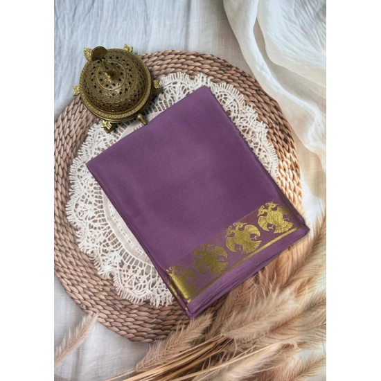 Generic Women's Crepe Chit Pallu Solid Saree With Unstitched Blouse 5.5Mtr (Lavender)