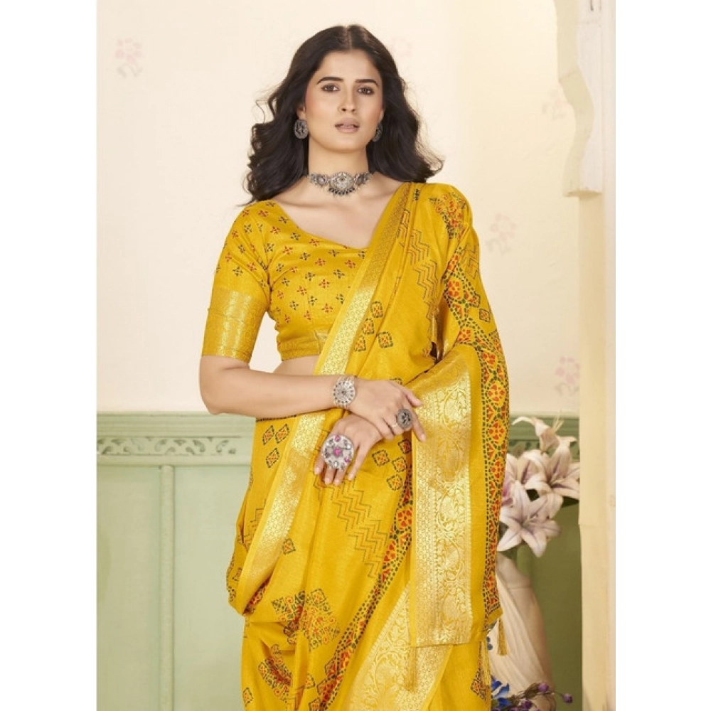 Women’s Cotton Silk Printed Saree With Unstitched Blouse 5.5Mtr (Yellow)