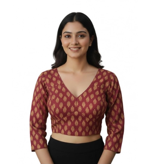 Generic Women's Ajrakh Cotton Printed Halter Neck Padded Blouse (Maroon 38 Ready (Self Alterable 36–40)