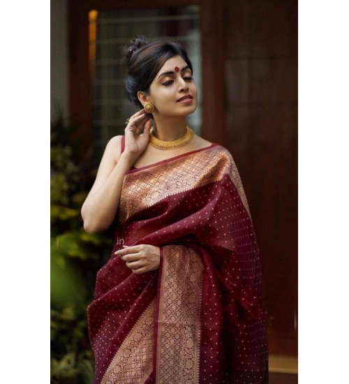 Generic Women's Litchi silk Printed Saree With Unstitched Blouse (Maroon)