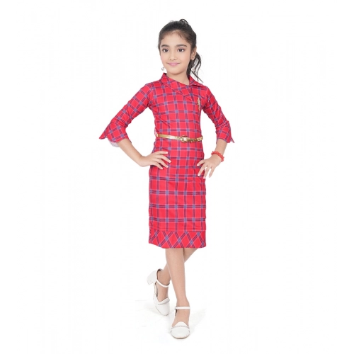 Generic Girl's Knitted Printed 3/4 th Sleeve Close Neck Dress (Pink)