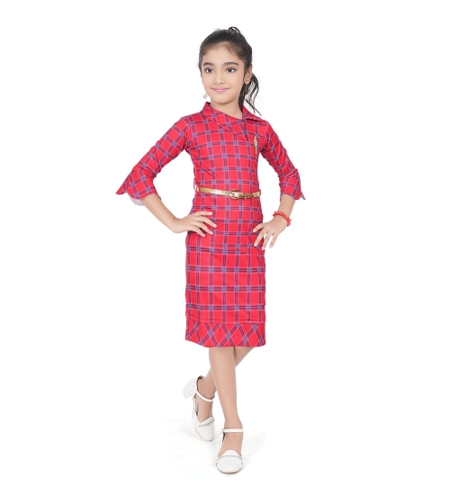Girl's Knitted Printed 3/4 th Sleeve Close Neck Dress (Pink)
