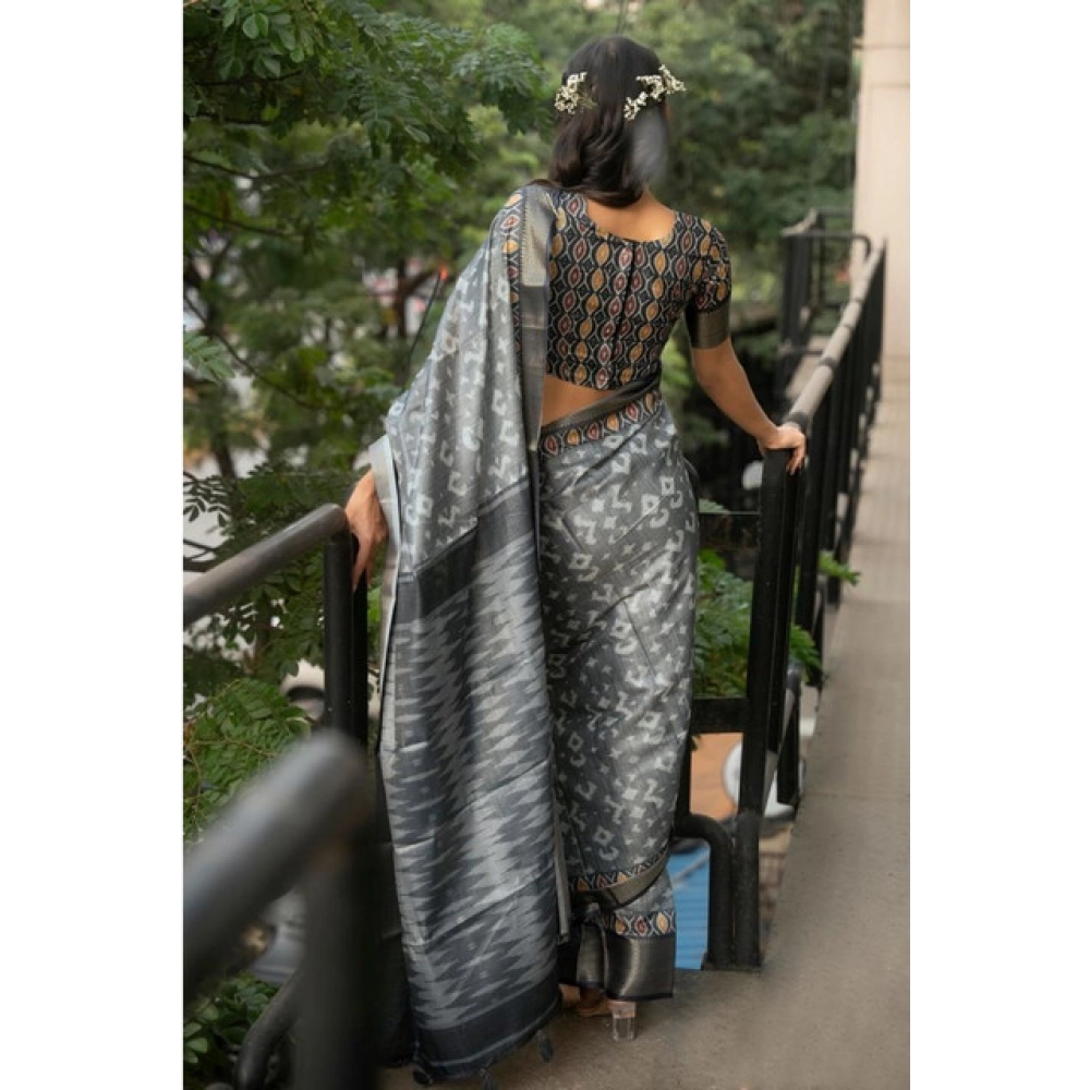 Women's Polyester Printed Saree With Unstitched Blouse 5.5 Mtr (Grey)