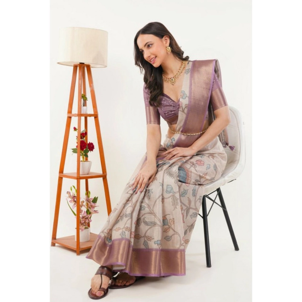 Women's Polyester Printed Saree With Unstitched Blouse 5.5 Mtr (Cream)