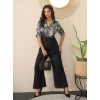 Generic Women's Satin And Polyester Floral Half Sleeves Jumpsuit (Grey - Black)
