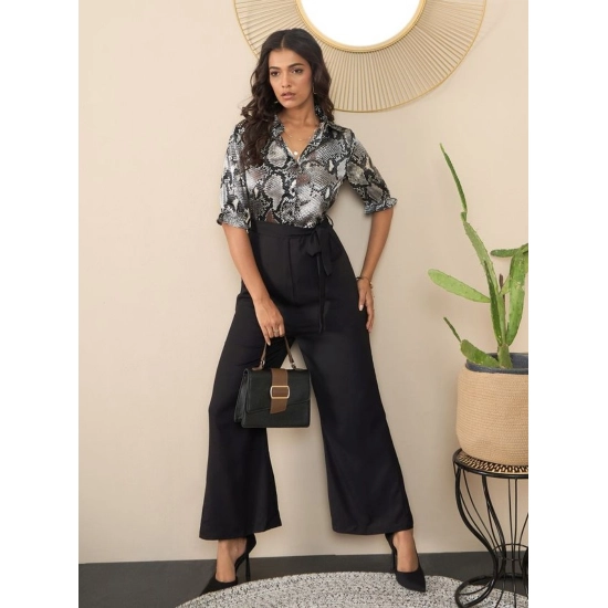 Generic Women's Satin And Polyester Floral Half Sleeves Jumpsuit (Grey - Black)