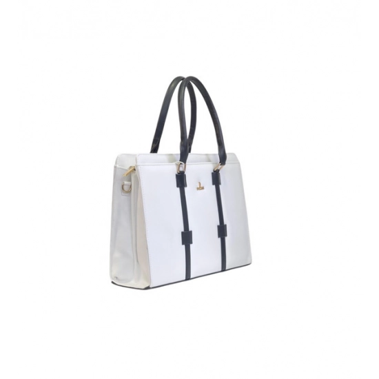 Generic Women's Polyurethane Solid Structured Shoulder Tote Handbag (Cream-Navy Blue)
