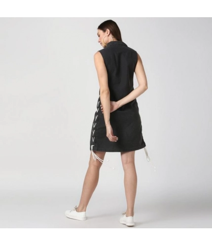Generic Women's Denim Solid Sleeveless Dress (Black)