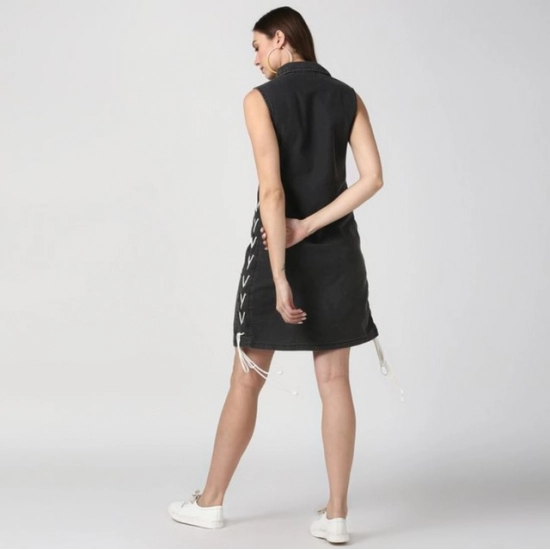 Generic Women's Denim Solid Sleeveless Dress (Black)