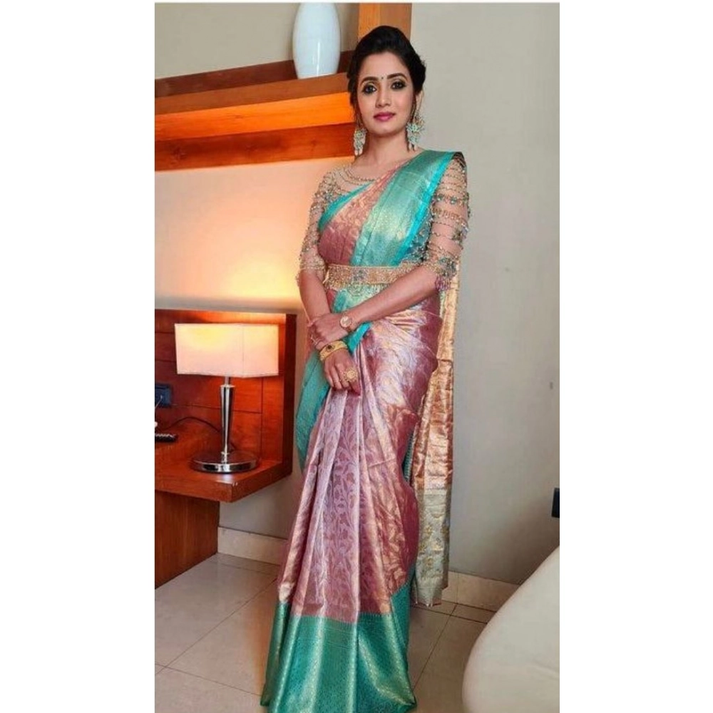 Generic Women's Soft Litchi Silk Jacquard Work Saree With Unstitched Blouse 5.5Mtr (Light Pink)