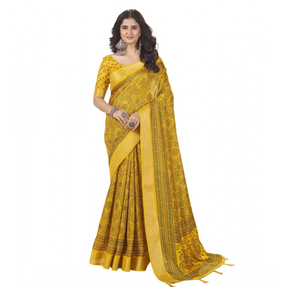 Women's Cotton Silk Floral Printed Saree With Unstitched Blouse 5.5Mtr (Yellow)