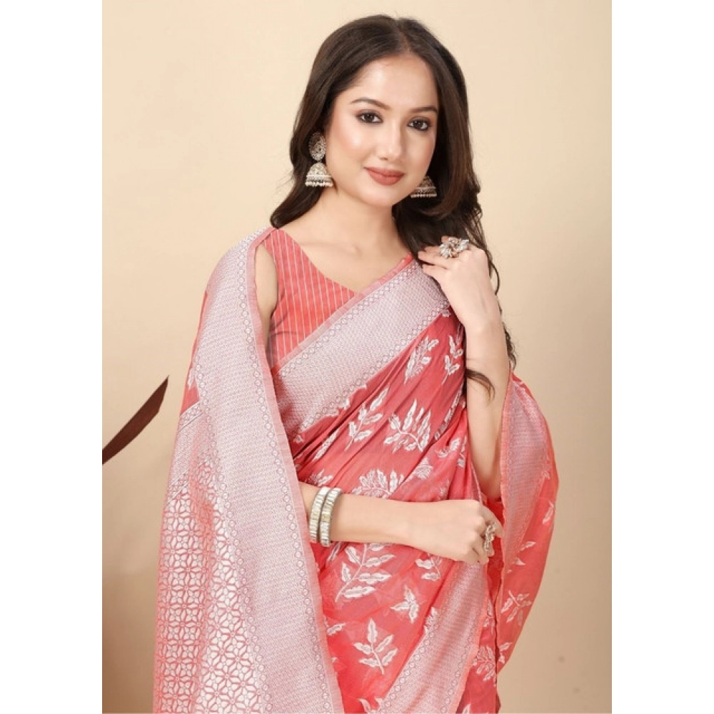 Women’s Art Silk Jacquard Printed Saree With Unstitched Blouse 5.5Mtr (Peach)