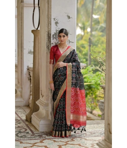 Generic Women's Silk_Blend Ethnic Ikat Pattern Saree With Unstitched Blouse 5.5Mtr (Black)