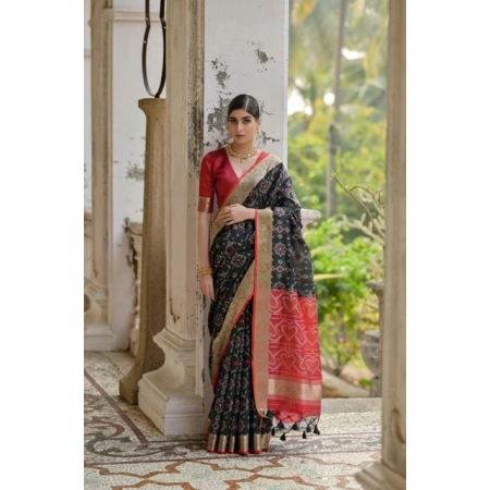 Generic Women's Silk_Blend Ethnic Ikat Pattern Saree With Unstitched Blouse 5.5Mtr (Black)