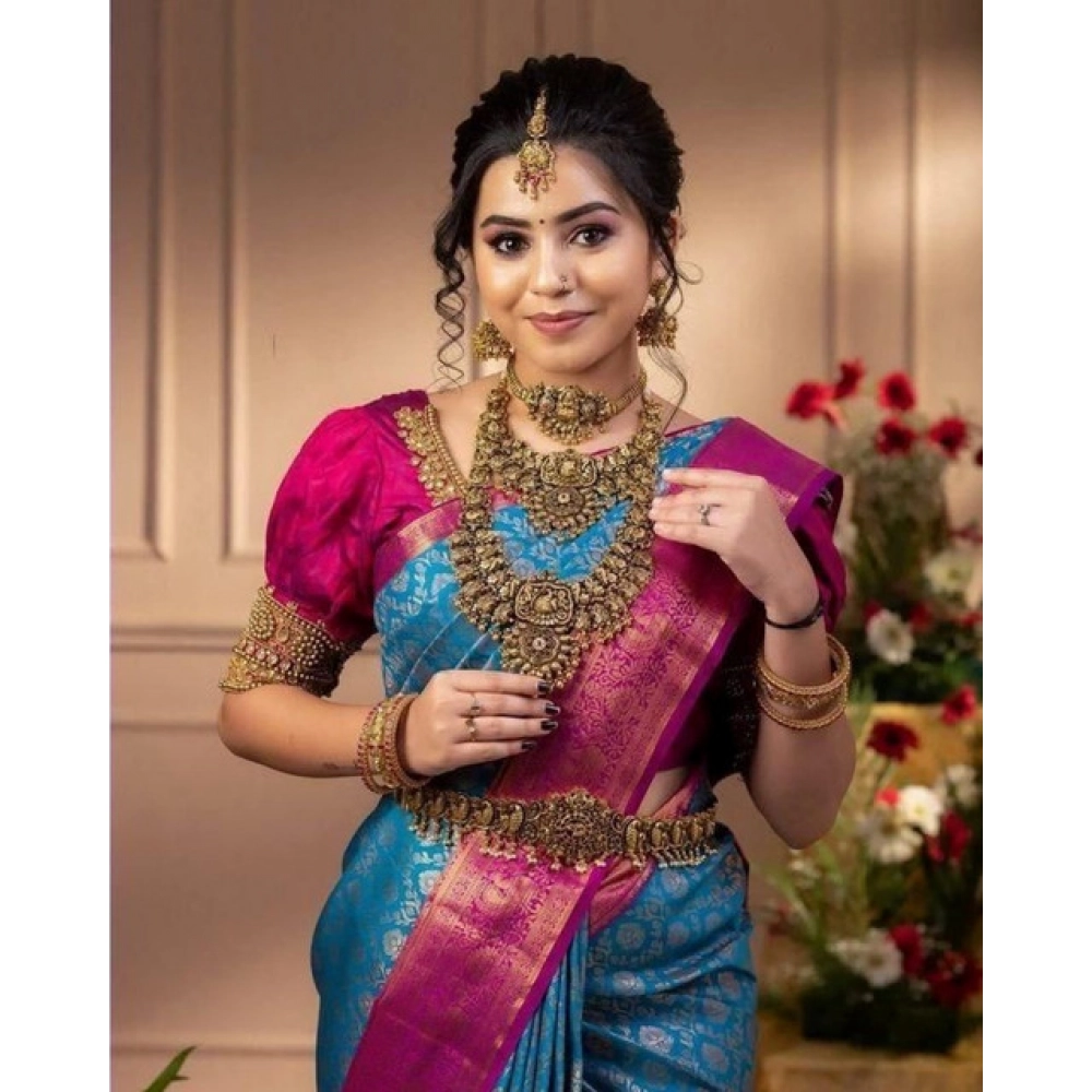 Generic Women's Soft Litchi Silk Jacquard Work Saree With Unstitched Blouse 5.5Mtr (Dark Blue) Generic Women's Soft Litchi Silk Jacquard Work Saree With Unstitched Blouse 5.5Mtr (Dark Blue)