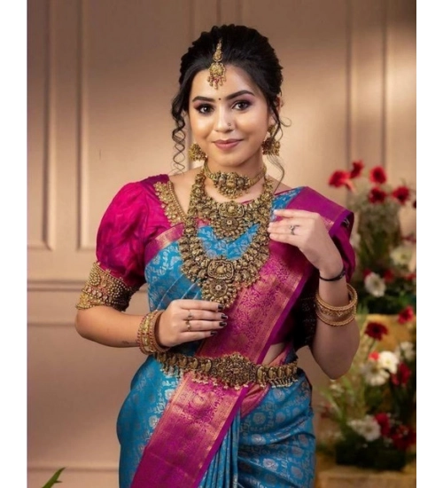 Generic Women's Soft Litchi Silk Jacquard Work Saree With Unstitched Blouse 5.5Mtr (Dark Blue)