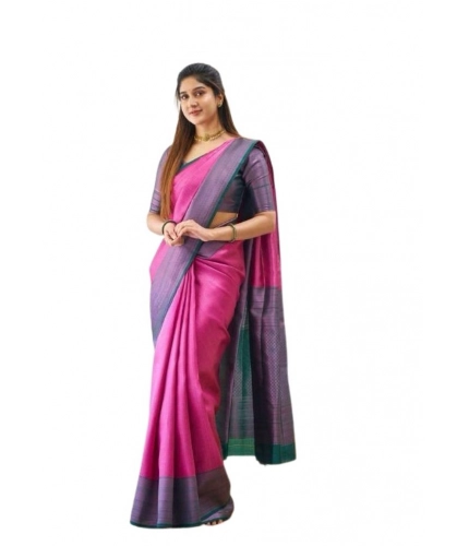 Generic Women's Soft Lichi Silk Printed Saree With Unstitched Blouse 5.5Mtr (Pink)