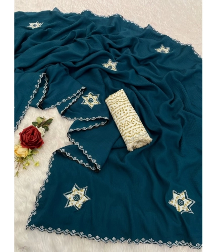 Generic Women's Chiffon Butti Dotted Saree With Unstitched Blouse 5.5Mtr (Blue)