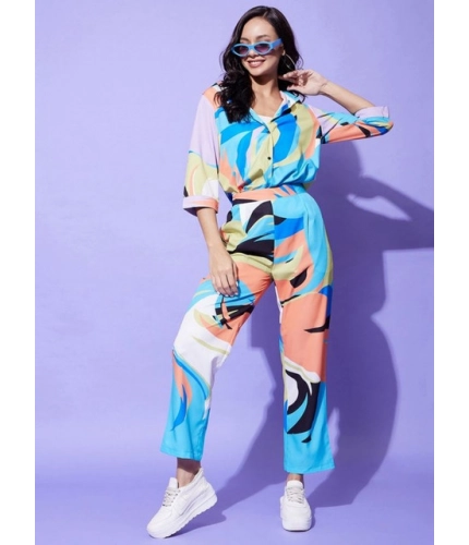 Generic Women's Polyester Colour Blocking 3-4th Sleeve Co-Ord Set (Multicolor)