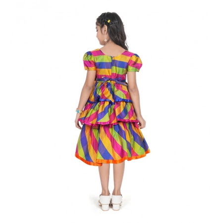 Generic Girl's Taffeta Silk Striped Short Sleeve V Neck Dress (Multicolor)