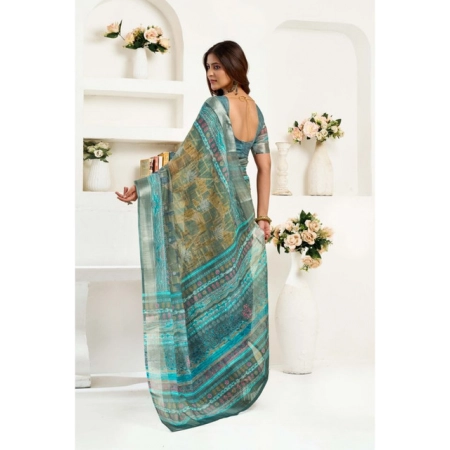 Generic Women's Linen Cotton Printed Ready To Wear Saree With Unstitched Blouse 5.5 Mtr (Light_Green)