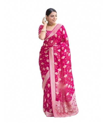 Generic Women's Soft Lichi Silk Printed Saree With Unstitched Blouse 5.5Mtr (Pink)