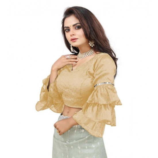 Generic Women's Organza Solid V Neck Layered Ruffle Sleeve Readymade Blouse (Beige Free Size , up to 38–40 Bust)-PID65847
