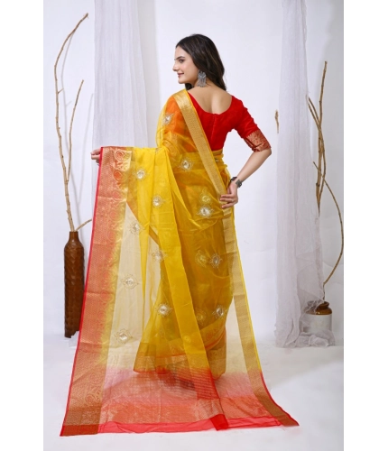 Generic Women's Organza jacquard Embellished Saree With Unstitched Blouse 5.5Mtr (Yellow)