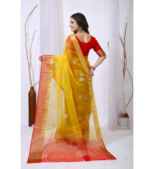 Generic Women's Organza jacquard Embellished Saree With Unstitched Blouse 5.5Mtr (Yellow)