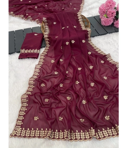 Generic Women's Georgette Embroidered Saree With Unstitched Blouse 5.5Mtr (Red)