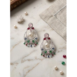 Generic Women's Brass Silver Plated Chandbali Earrings (Multicolor)