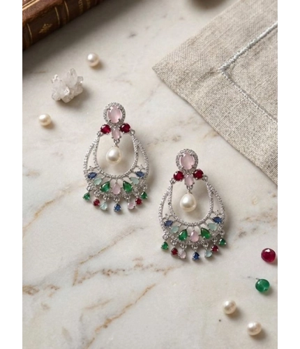 Generic Women's Brass Silver Plated Chandbali Earrings (Multicolor)