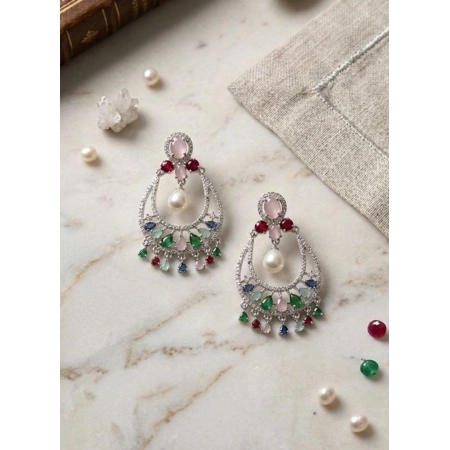 Generic Women's Brass Silver Plated Chandbali Earrings (Multicolor)