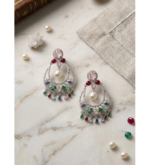 Generic Women's Brass Silver Plated Chandbali Earrings (Multicolor)