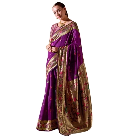 Generic Women's Silk Blend Zari Woven Saree With Unstitched Blouse 5.5Mtr (Purple)