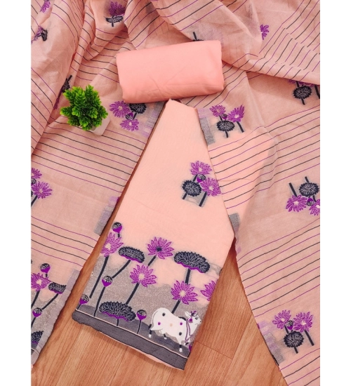 Generic Women's Banarasi Silk Printed Unstitched Salwar Suit Material With Dupatta (Peach, 3Mtrs)