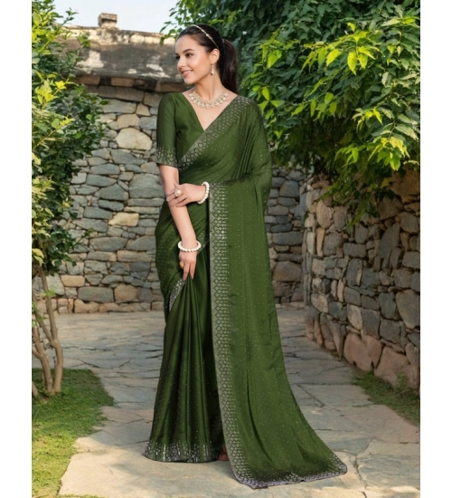 Generic Women's Rangoli Diamond Weaving - Stone Work Saree With Unstitched Blouse 5.5Mtr (Mahendi)