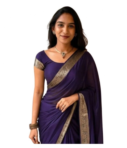 Generic Women's Vichitra Silk Printed Saree With Unstitched Blouse 5.5Mtr (Purple)