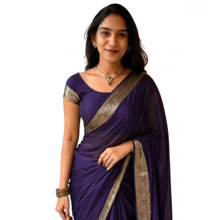 Generic Women's Vichitra Silk Printed Saree With Unstitched Blouse 5.5Mtr (Purple)