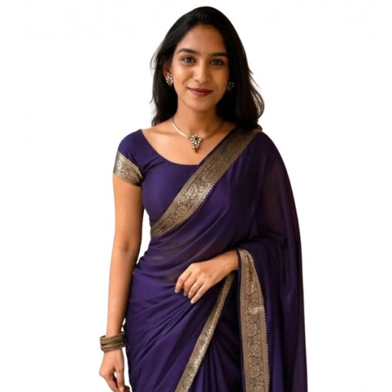 Generic Women's Vichitra Silk Printed Saree With Unstitched Blouse 5.5Mtr (Purple)
