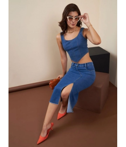 Generic Women's Denim Lycra Solid Button Skirt (Blue)