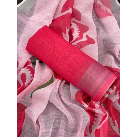 Generic Women's Linen Cotton  Printed Saree With Unstitched Blouse 5.5Mtr (Pink)